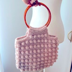 Pink Crochet Handbag with Wooden Handles